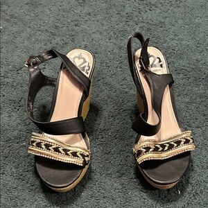 Fergalicious Black and Gold Wedge Sandals